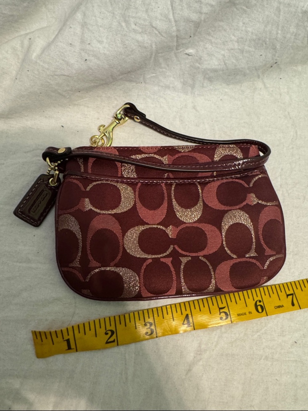 Coach Burgundy Signature Jacquard Wristlet with Gold Hardware